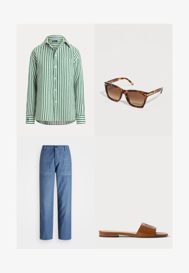 Camisa de manga larga con botones, con rayas verticales verdes y blancas, bolsillo delantero y cuello.; Pantalones de mezclilla azul claro con un diseño de pierna recta, que cuentan con dos bolsillos delanteros y un cierre de botón en la cintura. Textura suave.; Sandalia deslizante de cuero marrón con una tira ancha y detalles en relieve, suela plana con un ligero acento de madera en el talón, diseño minimalista.; Gafas de sol con montura cuadrada de carey, lentes con degradado marrón, detalles en tono dorado en las varillas y acabado liso de plástico.