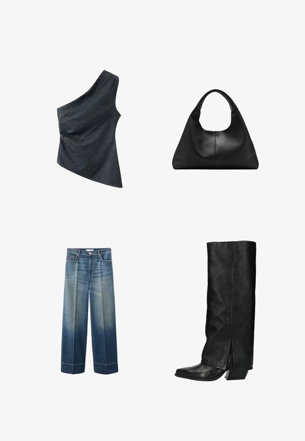 Donkergrijze, mouwloze top met één schouder, subtiele drapering en een asymmetrische zoom, gemaakt van een gestructureerde stof.; Blauwe jeans met wijde pijpen, voorzien van voorplooien, knoopsluiting, riemlussen en een vervaagde wassing op de dijen en onderbenen.; Hoge zwarte leren laarzen met een vierkante neus en een blokhak. Heeft een gladde textuur en een split aan de achterkant voor extra detail.; Zwarte handtas van getextureerd leer met brede basis en dikke afgeronde handgrepen, met een centrale verticale naad en subtiele stikdetails.