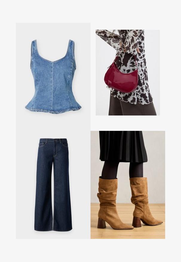 Blå denim ærmeløs tætsiddende top med rund halsudskæring og let udvidet kant, vist på hvid baggrund.; Bredde ben jeans i mørkeblå denim. Har kontrastsyninger, fem lommer og en knaplukning i taljen. Glat tekstur.; Brune ruskind slouchy ankelstøvler med spidse tæer og stablede træhæle. Båret med sorte strømpebukser og en plisseret sort nederdel.; Kvinde iført en sort- og hvidmønstret bluse, der holder en blank rød skuldertaske mod en ensfarvet baggrund.
