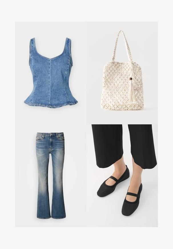 Blauw denim mouwloos aansluitend topje met rond uitgesneden halslijn en licht uitlopende zoom, weergegeven op een witte achtergrond.; Tommy Jeans CLEO - Bootcut jeans - denim dark; Zwarte ballerina's van glad materiaal, met een ronde neus en een contrasterende band over de wreef. Plat zool, minimalistisch ontwerp.; Witte geweven katoenen draagtas met gevlochten handvatten en een hangende kwast met een houten kraaldetail.
