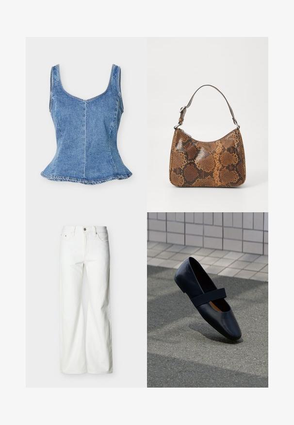 Μπλε denim αμάνικη εφαρμοστή μπλούζα με στρογγυλή λαιμόκοψη και ελαφρώς φαρδυά γραμμή στο τελείωμα, σε λευκό φόντο.; Λευκά τζιν με ψηλή μέση και ίσια γραμμή, με εμπρόσθιο κουμπί, φερμουάρ και πλαϊνές και πίσω τσέπες, μπροστά σε απλό φωτεινό φόντο.; Μαύρο δερμάτινο μπαλαρίνα με στρογγυλή μύτη, που διαθέτει μαλακή μαύρη ελαστική λωρίδα πάνω από το σώμα του παπουτσιού. Λείος υφασμάτινος και μινιμαλιστικός σχεδιασμός.; Μικρή τσάντα χειρός με φιδίσια υφή σε καφέ και μαύρο χρώμα, κοντό ρυθμιζόμενο λουράκι και κλείσιμο με φερμουάρ.