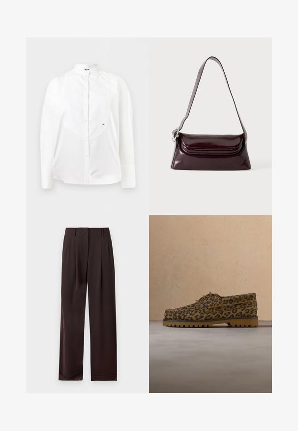 Chemise blanche à manches longues boutonnée avec col officier, plastron texturé et petit logo brodé "AX" sur le côté droit.; Pantalon marron foncé droit avec passants de ceinture et plis à l'avant, présenté à plat sur fond blanc.; Mocassins à imprimé léopard marron et noir, semelle épaisse en caoutchouc beige, et lacets marron, posés sur un tapis beige devant un canapé beige.; Sac à bandoulière en cuir bordeaux foncé avec fermeture à rabat et une fine sangle réglable, présenté sur un fond clair uni.
