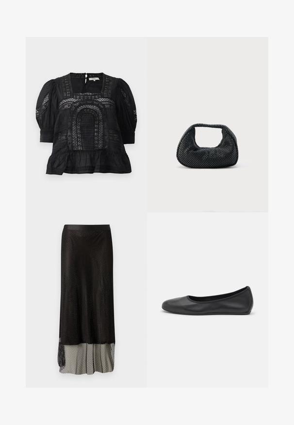 Zwarte blouse met een vierkante halslijn, pofmouwen, gestructureerde stof, kantdetails en een gerimpelde onderkant. Sleutelgat sluiting aan de achterkant zichtbaar.; Zwarte mesh midi-rok met een aansluitende tailleband, open diamanten patroon en een flowy voering aan de onderkant voor extra beweging en textuur.; Zwarte leren ballerina met een ronde neus, gladde textuur, minimale stikdetails en een flexibele zoolontwerp.; Zwarte geweven hobo-tas met een zachte structuur en geïntegreerd handvat, weergegeven op een effen lichte achtergrond.