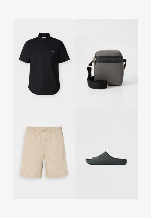 Sort kortærmet skjorte med knapper, krave og lille hvid "CK"-logo på venstre bryst mod ensfarvet baggrund.; Beige bomuldsshorts med elastisk talje, frontknap og to sidelommer. Har diskret syninger og et lille logo på siden.; Sort slidesandal lavet af gummi. Har en glat overflade, åben tå og en rillede sål. Logoet er præget på siden.; Grå stof crossbody taske med en sort lynlåslomme, justerbar rem og rektangulær form. Har en glat overflade og metalbeslag.