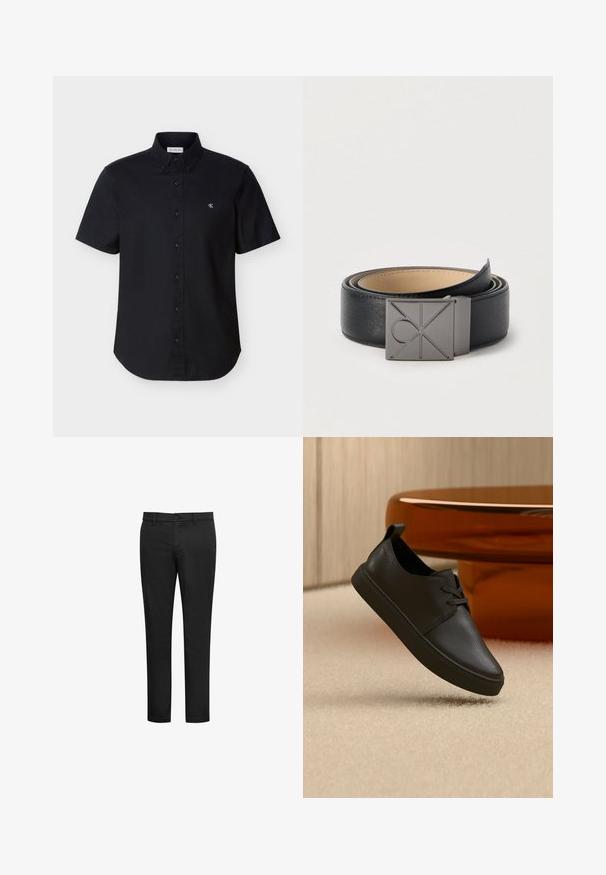 Camisa negra de manga corta con botones y cuello, con un pequeño logo blanco "CK" en el pecho izquierdo, sobre un fondo liso.; Pantalones negros fabricados con una mezcla de algodón, con un diseño de corte ajustado, parte delantera plana y cierre con botón. Sin patrones ni detalles visibles.; Zapatilla casual negra de cuero con cordones, flotando sobre una alfombra beige, con una mesa de cristal ámbar redondeada en el fondo.; Cinturón de cuero negro con textura lisa, que presenta una hebilla rectangular de metal gris con un diseño de logotipo minimalista.