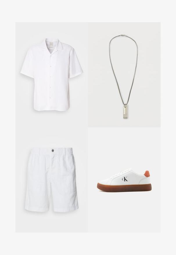 Camisa de manga corta y botones en lino blanco, con un cuello clásico, textura suave y un ajuste relajado.; Shorts de lino blanco con una cintura elástica y un botón de metal. Presenta dos bolsillos laterales y un diseño de corte relajado.; Zapatilla blanca de corte bajo con suela marrón, lengüeta naranja en el talón, cordones y logo "cK" en el lateral.; Collar de cadena de plata que presenta un pendant rectangular con líneas texturizadas. El pendant está asegurado con un lazo; la cadena tiene un diseño suave y flexible.