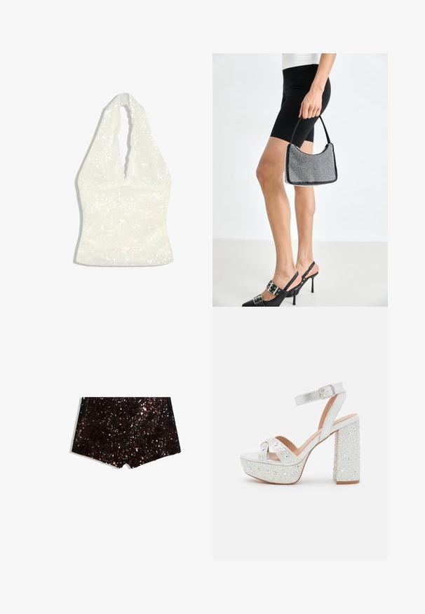 Haut à paillettes blanc à col halter avec un décolleté en V profond festonné et une taille ajustée, posé à plat sur un fond blanc.; Shorts en sequins dans des teintes noires et bronzées, présentant une surface texturée avec un éclat scintillant et un ourlet droit.; Sandales à plateforme blanches avec une finition métallique, présentant deux brides croisées, une bride de cheville et un talon carré orné de gemmes scintillantes.; Sac à main à perles noires avec une silhouette courbée, une poignée de transport et une texture brillante. Porté avec des chaussures à talons hauts noires et un short noir ajusté.