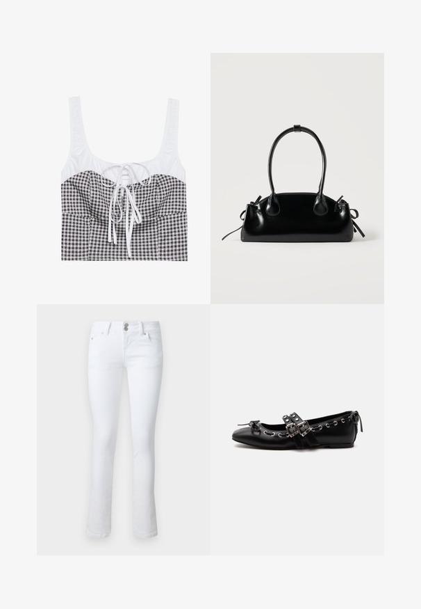 Schwarz-weißer kariertes Crop-Top mit strukturiertem weißen Oberteil, quadratischem Ausschnitt und verstellbarem Band in der Mitte. Verfügt über breite Träger.; Weiße Jeans aus Denim, mit schmaler Passform, zwei vorderen Taschen, einem Knopf- und Reißverschluss sowie einem leichten Schlag am Saum.; Schwarzer flacher Ballettschuh mit doppelten Schnallenriemen, silbernen Ösen und einer kleinen Schleife nahe der abgerundeten Spitze auf weißem Hintergrund.; Kleine schwarze glänzende Handtasche mit zwei langen Griffen und seitlichen Kordelzug-Details vor einfachem hellem Hintergrund.