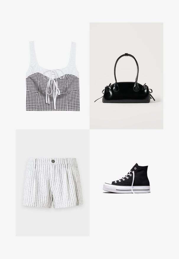 Schwarz-weißer kariertes Crop-Top mit strukturiertem weißen Oberteil, quadratischem Ausschnitt und verstellbarem Band in der Mitte. Verfügt über breite Träger.; Gestreifte Shorts in Hellgrau und Weiß, mit Knopfverschluss, Falten an der Vorderseite und einem weichen, strukturierten Stoff.; Schwarzer High-Top-Canvas-Sneaker mit weißer Gummisohle und weißen Schnürsenkeln, seitlich dargestellt vor weißem Hintergrund.; Kleine schwarze glänzende Handtasche mit zwei langen Griffen und seitlichen Kordelzug-Details vor einfachem hellem Hintergrund.