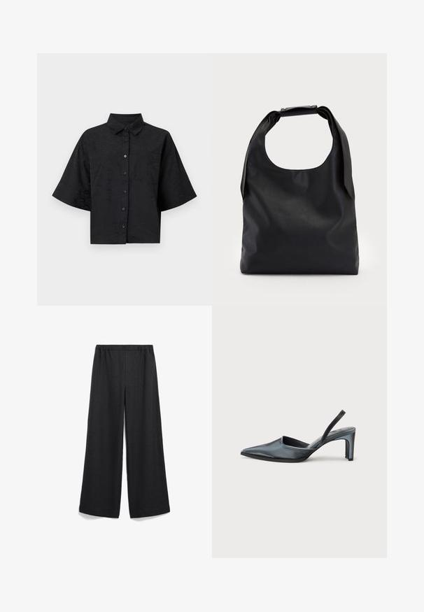 Zwarte cropped shirt met een kraag, korte mouwen, knoopsluiting en subtiele golftextuur details. Bevat een enkele borstzak.; Ruime zwarte broek met een elastische tailleband. Gemaakt van lichte stof, met een zachte textuur en zonder zichtbare patronen of accenten.; Zwarte slingback hak met een puntige neus, een gladde satijnen afwerking en een slanke hak van 7,5 cm. Open zijkantontwerp met minimale stikdetails.; Zwarte lederen handtas met een grote open bovenkant en een enkele schouderriem. Zachte textuur, minimalistisch ontwerp, met subtiele metalen accenten.