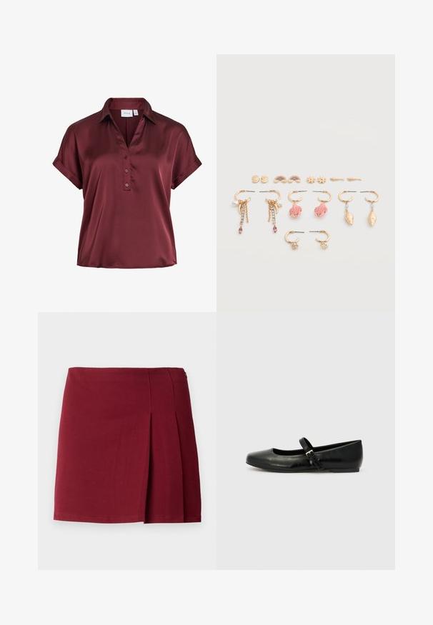 Kortærmet satinbluse i dyb burgunder med krave, tre knapper foran og foldede manchetærmer.; Bordeaux plisseret miniskørt med en glat overflade, tætsiddende talje og lynlås i siden. Simple, minimalistisk design uden mønstre.; Sorte læder balletflade med rund tå, flad sål og en tynd justerbar rem over svangen med en metalspænde.; Ni par små øreringe i guldfarvet metal, inklusive designs med regnbuer, blomster, fisk, lyserøde skildpadder, kæder og klare sten på en hvid baggrund.