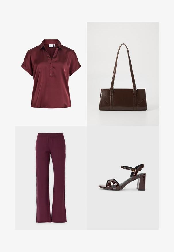 Satijnen blouse met korte mouwen in diep bordeaux met kraag, drie knopen aan de voorkant en omgeslagen manchetten.; Rechte broek in effen donker bordeaux met elastische tailleband, gemaakt van zachte stof.; Patent bordeaux hooggehakte sandaal met open teen, voorzien van kruisbandjes en een enkelbandje met een ronde gouden gesp. Ontwerp met blokhak.; Bruine lakleren handtas met een rechthoekige vorm, twee lange handvatten en subtiele gebogen accenten aan de voorkant.