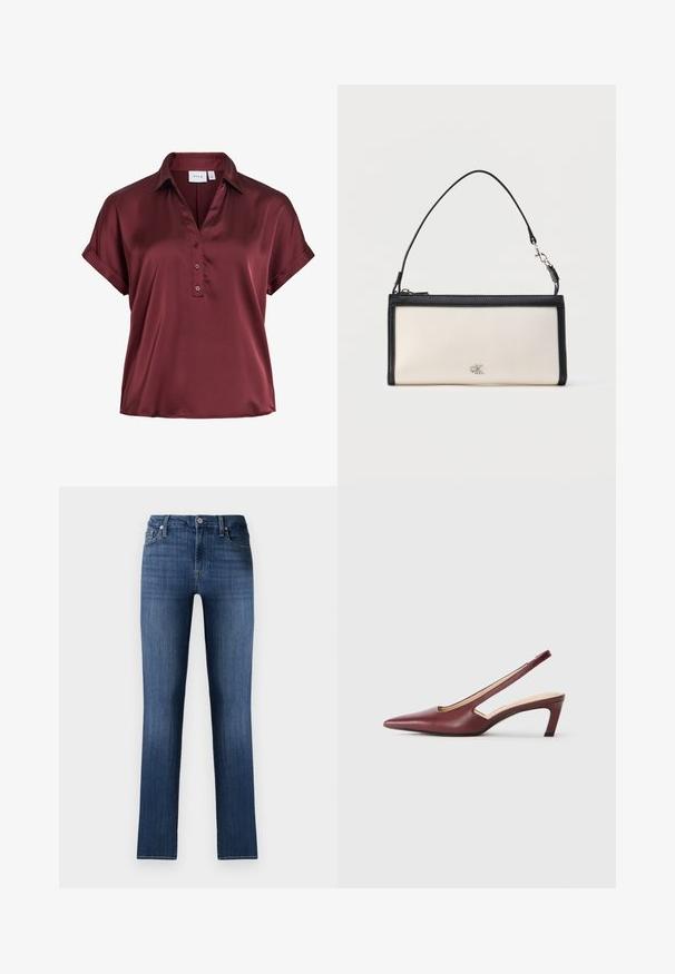 Kurzärmelige Satinbluse in tiefem Burgund mit Kragen, drei Knöpfen vorne und umgeschlagenen Manschettenärmeln.; Dunkelblaue Denim-Jeans mit geradem Schnitt, klassischem Fünf-Taschen-Design, vorderer Knopfverschluss und dezenter Ausbleichung für einen getragenen Effekt.; Burgunderfarbene Slingback-High Heels mit spitzer Zehenform, Ausschnitten an den Seiten und einem Blockabsatz in mittlerer Höhe. Glatte Lederoberfläche.; Rechteckige cremefarbene Clutch mit schwarzem Rand und Griff, mit einem kleinen silbernen „cK“-Logo in der Mitte vorne.