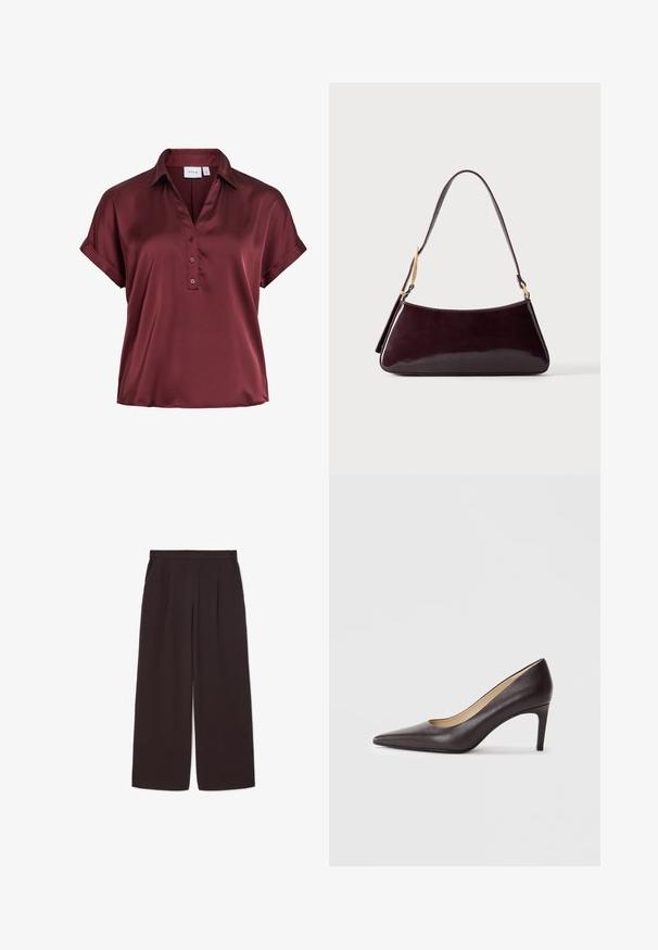 Blusa de satén de manga corta en color burdeos profundo con cuello, tres botones delanteros y mangas con puños plegados.; Pantalones de pierna ancha de color marrón oscuro, confeccionados en una tela ligera, con una cintura alta, pliegues y dos bolsillos laterales, además de una cinturilla elástica.; Zapato de tacón alto de cuero marrón con punta puntiaguda, tacón delgado de 7 cm, textura suave y diseño minimalista. Sin adornos visibles.; Bolso de cuero marrón oscuro y brillante con una sola correa de hombro y detalles en hardware de tono dorado sobre un fondo liso.