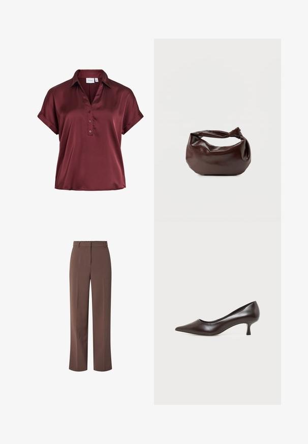 Kurzärmelige Satinbluse in tiefem Burgund mit Kragen, drei Knöpfen vorne und umgeschlagenen Manschettenärmeln.; Braune hochtaillierte, maßgeschneiderte Hose mit Gürtelschlaufen und einem Reißverschluss vorne, ausgestattet mit einem geraden Bein.; Dunkelbrauner Leder-Pumps mit spitzer Kappe und niedrigem, gebogenem Absatz auf weißem Hintergrund.; Dunkelbraune Lederschultertasche mit weicher, lockerer Form und einem gedrehten Knotengriff vor schlichtem weißem Hintergrund.