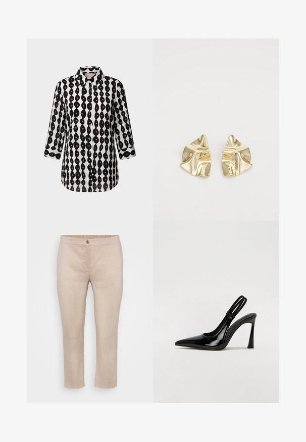 Camisa de botones en blanco y negro con mangas tres cuartos, presenta un patrón de rayas verticales onduladas con pequeños cuadrados marrones.; Pantalones recortados de lino beige con flat front, cierre de botón y cintura elástica. Textura suave con costuras mínimas y sin bolsillos.; Zapato de tacón con tirante en negro de charol, punta afilada, tacón alto y delgado, y doble tira elástica para un ajuste seguro. Superficie suave y brillante.; Pendientes metálicos dorados con un diseño ondulado; superficie lisa y reflectante; forma asimétrica; sin patrones o elementos visibles.