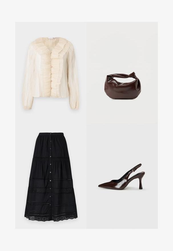 Blouse de couleur crème avec un col à volants et une devanture, fermeture par boutons, manches longues et texture douce. Accent dans une teinte assortie.; Jupe longue en coton noire avec un design à volants, présentant des découpes en dentelle verticale et une fermeture à boutons sur le devant, détail de l'ourlet texturé.; Talons slingback en cuir verni brun avec un bout pointu, un talon fin, et une sangle réglable avec une petite boucle.; Sac bandoulière en cuir marron foncé avec une forme souple et décontractée et une anse nouée torsadée sur un fond blanc uni.