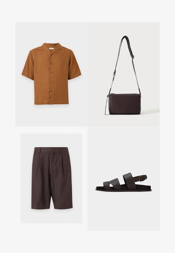 Chemise marron à manches courtes avec col style camp, cinq boutons sur le devant, présentée sur un fond gris clair uni.; Shorts sur mesure marron foncé longueur genou avec passants de ceinture et plis devant, présentés sur un fond clair uni.; Sandale en cuir marron foncé avec trois larges brides, une bride de cheville avec boucle réglable et une semelle plate sur fond blanc.; Sac bandoulière en cuir marron foncé texturé avec une sangle réglable et un petit accent décoratif bleu sur le côté.