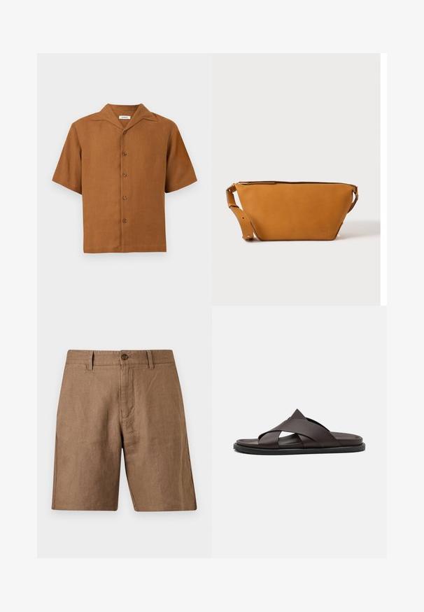 Chemise marron à manches courtes avec col style camp, cinq boutons sur le devant, présentée sur un fond gris clair uni.; Short marron décontracté longueur genou avec passants de ceinture, fermeture par bouton et poches avant, en tissu texturé.; Stuart Weitzman BERKLEY - Mules - espresso; Sac bandoulière en cuir marron clair avec sangle réglable et fermeture éclair, présenté sur un fond clair uni.