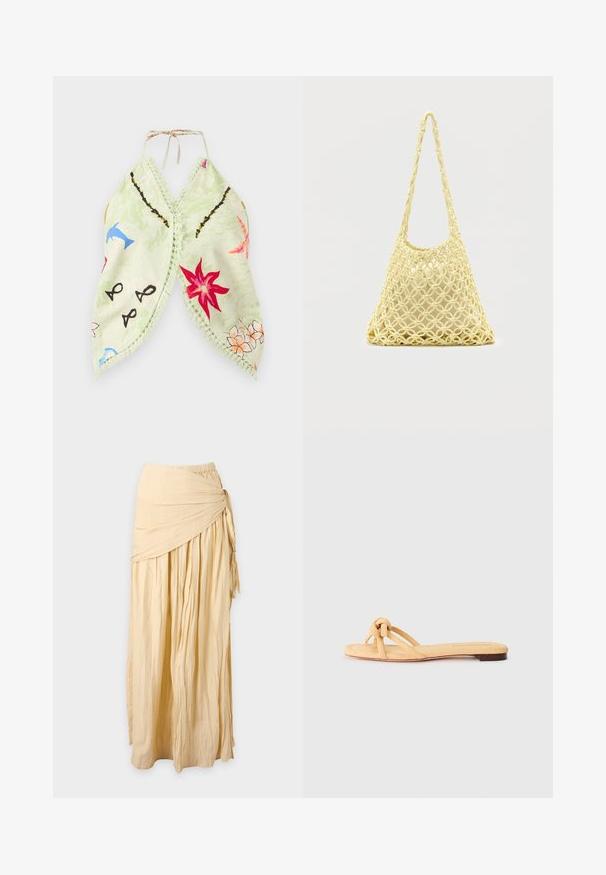 Lichtgroene haltertop met striksluiting, bloemen- en abstracte prints, franjes aan de randen en een overslagfront.; Lange beige rok met geplooide stof en een gedraaide knoopdetail aan de rechterkant, weergegeven tegen een effen achtergrond.; Geel geweven platte sandaal met twee kruislings geplaatste banden, een geknoopte detail aan de voorkant en een lage, bruine zool.; Gele macramé net tas met lange band en beige tasje erin, getoond op een effen witte achtergrond.