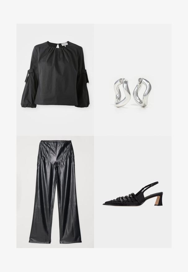 Blouse noire à encolure ronde et ouverture en forme de clé. Avec des manches bouffantes ornées de liens et une finition en tissu texturé.; Pantalons en simili cuir noir avec une texture lisse, des jambes larges et des coutures le long de la taille et des côtés. Présentation à plat.; Escarpin slingback noir en cuir avec bout pointu, plusieurs brides à l'avant, une boucle ajustable à la cheville et un talon carré.; Boucles d'oreilles créoles argentées avec un design torsadé. Bords arrondis et finition brillante. Fermoirs ouverts pour un port facile. Texture lisse sur toute la surface.
