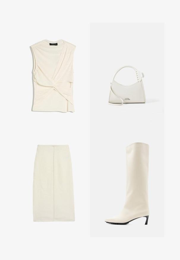 Haut crème sans manches avec détail de nœud torsadé à l'avant et plis drapés subtils le long des épaules, posé à plat sur fond blanc.; Jupe longue en ivoire en tissu texturé, présentant un design droit et une couture au dos centrée. Aucun matériel visible ni motifs.; Botte blanche hauteur genou en matériau lisse avec un bout pointu et un talon noir fin. Présente un design épuré et un marquage minimal.; Sac à main en cuir blanc avec une forme incurvée, orné de petites clous blancs le long de la poignée. Il dispose d'une longue sangle et d'un logo embossé à l'avant.