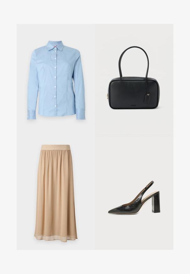 Lichtblauw overhemd met lange mouwen, knoopsluiting, spitse kraag, glad katoenen textuur en witte knopen aan de voorkant en op de manchetten.; Beige midi-rok met een brede elastische tailleband waarop de merknaam staat. Zacht, vloeiend materiaal met een gladde textuur en een eenvoudig ontwerp.; Zwarte leren slingback schoen met spits toelopend neusje, hoge blokhak en beige binnenvoering tegen een effen lichte achtergrond.; Zwarte rechthoekige handtas met dubbele afgeronde handvaten, gouden ritssluiting en geperst "HUGO" logo aan de voorkant met een aangehecht lederen label.