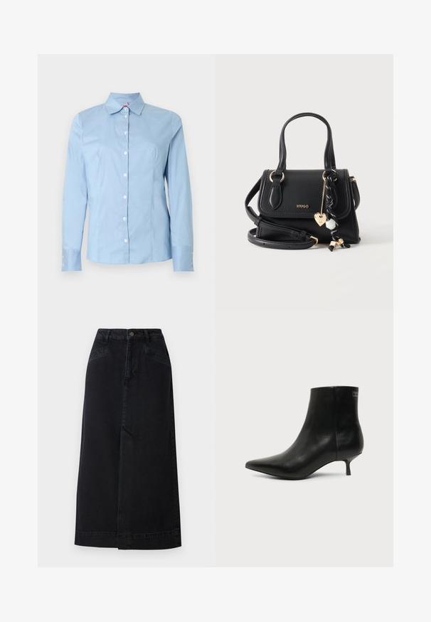 Hellblaues Hemd mit langen Ärmeln, durchknöpfbar, mit spitzem Kragen, glatter Baumwollstruktur und weißen Knöpfen vorne und an den Manschetten.; Schwarzer Denim-Midikleid mit gerader Form, Druckknopfverschluss vorne und seitlichen Taschen mit dezenten Nähte.; Schwarzer Leder-Knöchel-Stiefel mit spitzer Spitze und niedrigem Kittenabsatz vor hellem Hintergrund, seitliche Ansicht.; Schwarze Hugo-Lederhandtasche mit zwei Henkeln, einem abnehmbaren Schulterriemen und dekorativer schwarz-weißer Kordel mit goldenem Herzanhänger.