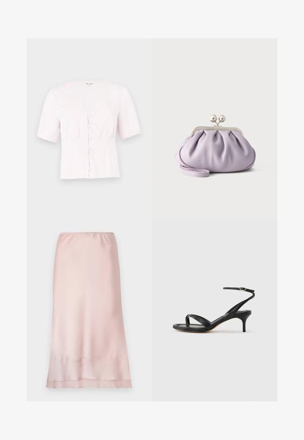 Hellrosa Bluse mit kurzen Ärmeln, V-Ausschnitt, Spitzenbesatz und Knopfverschluss. Aus strukturiertem Stoff mit gerafftem Detail an der Taille.; Helle rosa Satin-Midischürze mit elastischem Bund und mehrlagigem Saumdetail, präsentiert auf einem schlichten weißen Hintergrund.; Schwarze Ledersandale für Damen mit dünnen Riemchen, einer Zehenlasche, einer Knöchelschnalle und einem mittelhohen Stöckelabsatz vor neutralem Hintergrund.; Weiche Lavendel-Clutch mit gerafftem Stoff, silbernem Kiss-Lock-Verschluss und passendem Handgelenksriemen auf hellem einfarbigem Hintergrund.