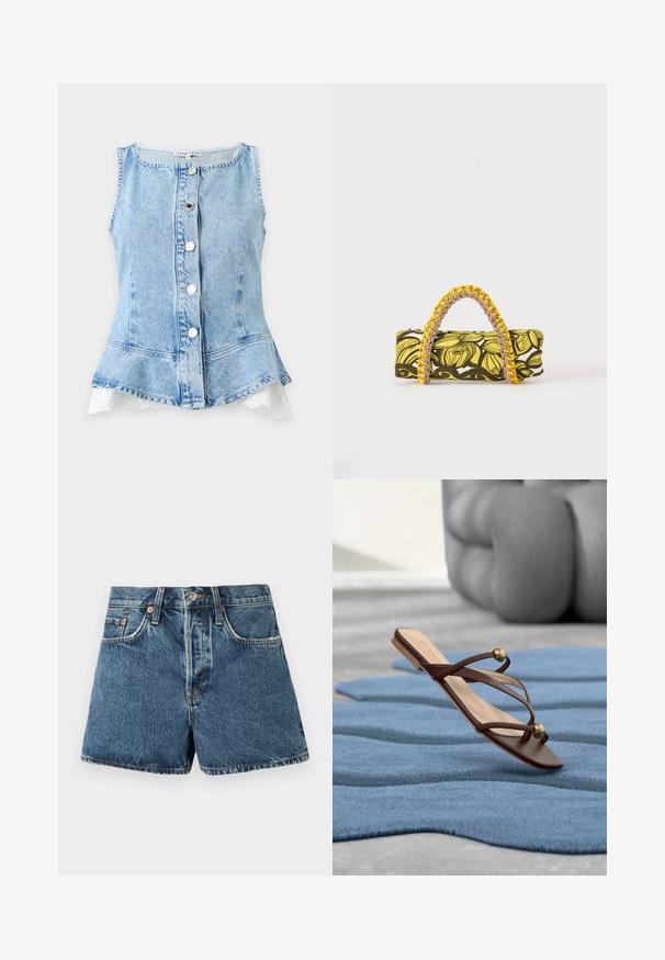 Ærmeløs lyseblå denimvest med knapper foran og hvid blonderkant, der titter frem fra nederkanten.; Denimshorts i mellemblå med høj talje, fem lommer, kontrasterende syninger og lukning med metalknap. Struktureret stof med en let falming.; Brun flad sandal med tynde stropper og guldkugler, der ligger på et struktureret blåt tæppe, med en stor grå abstrakt skulptur i baggrunden.; Rektangulær taske med gult og sort blomsterprint og flettet gul og pink hank på hvid baggrund.