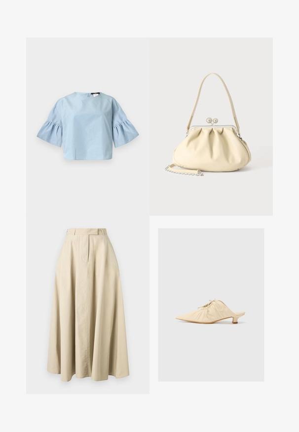 Blusa de manga corta azul claro con mangas anchas y con volantes, y un escote redondo, mostrada sobre un fondo blanco liso.; Falda midi beige de línea A con cintura alta, cierre frontal oculto y detalles sutiles de costura, mostrada sobre un fondo liso.; Zapato de piel color crema tipo slip-on con puntera afilada, detalles fruncidos en la parte delantera y un tacón corto y cuadrado.; Bolso de mano de piel suave color crema con diseño fruncido, cierre de marco plateado, asa corta y una correa de cadena desmontable.