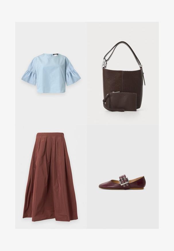 Lichtblauwe blouse met korte mouwen, brede geruchtte mouwen en een ronde hals, afgebeeld tegen een eenvoudige witte achtergrond.; Bruine geplooide maxi-rok met hoge taille en brede zoom, gemaakt van lichtgewicht stof, getoond tegen een eenvoudige witte achtergrond.; Bordeaux leren balletflat met puntige neus, brede band met een zilveren gesp en meerdere gaten, platte zool, gladde textuur.; Bruine leren emmer tas met een gestructureerde afwerking, met een kortere schouderband en een bijpassende ritstas met een polsband.