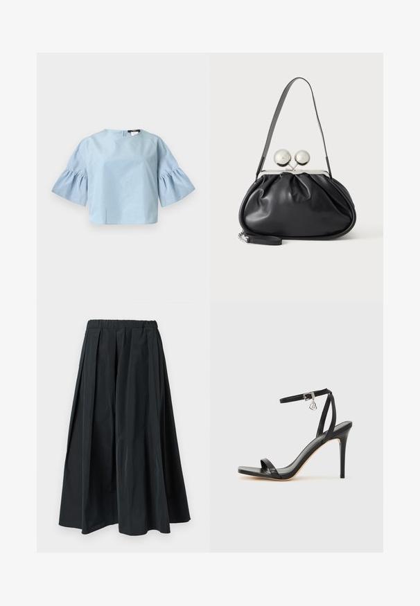 Blouse bleu clair à manches courtes avec manches larges et volantées et un col rond, présentée sur un fond blanc uni.; Pantalon noir à jambes larges plissé avec une ceinture élastique, fabriqué en tissu léger, suspendu sur un fond blanc uni.; Sandale à talon haut noire avec une bride étroite à la cheville, bout carré, cuir lisse et accent de boucle métallique.; Sac à main en cuir noir avec un design plissé, une sangle unique, un cadre métallique argenté et deux grandes fermoirs ronds en argent.