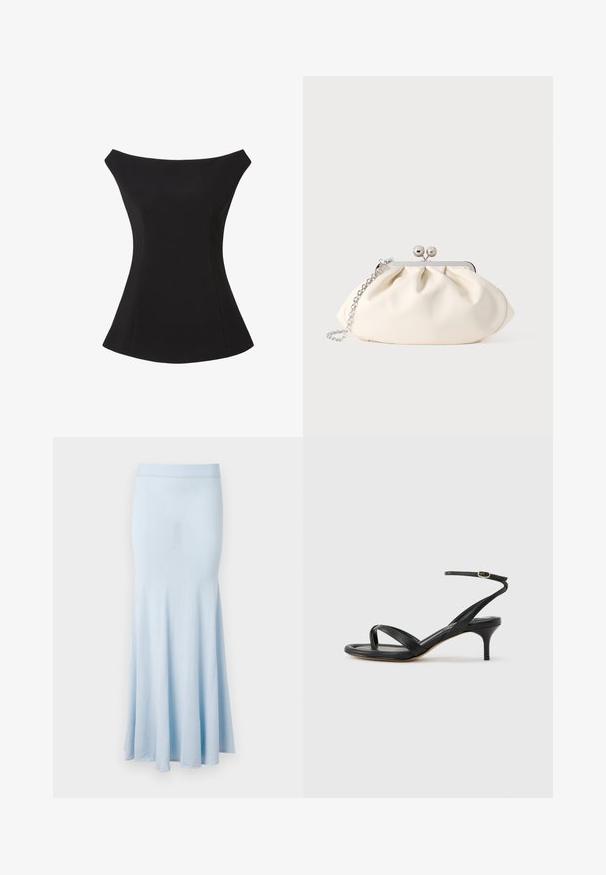 Sort off-shoulder top med en tætsiddende overdel og udvidet kant forneden. Glat, elastisk stof med rene linjer og uden synlige lukninger.; Lys blå strikket nederdel med flagrende kant, mellemlang design og ribbet talje. Glat tekstur, ingen synlige mønstre eller detaljer.; Sort damesandal i læder med tynde remme, en tå-loop, ankelspænde og en mellemhøj stiletthæl på en neutral baggrund.; Cremefarvet stofclutch med et rynket design, sølv metalramme, to dekorative kugler og en sølvkæde som rem.