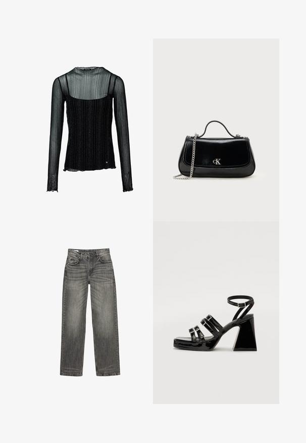 Zwarte top met lange mouwen, voorzien van een doorschijnende, gestructureerde overlay met verticale strepen. Het ontwerp heeft een aansluitend silhouet en een golvende zoom.; Grijze denim jeans met een relaxte pasvorm, voorzien van vijf zakken, subtiele vervaging en een rechte pijpdesign. Classic tailleband met riemlussen.; Zwarte lakleren sandaaltjes met hoge hakken, vierkante neus, meerdere bandjes ontwerp, verstelbare enkelband en een chunky geometrische hak.; Zwarte leren handtas met een ketting schouderband, gestructureerde vorm en een zilveren logo-accent. Gladde textuur met een flapsluiting.