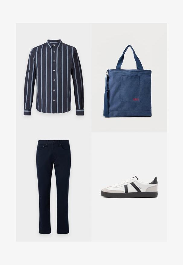 Chemise marine à boutons, avec des rayures verticales bleu clair, manches longues et col classique. Présente des boutons blancs et une texture lisse.; Pantalon en denim bleu marine avec une coupe slim, présentant un design classique à cinq poches et des accents de couture subtils. Texture lisse et sans ornements.; Baskets blanches avec des accents noirs et gris, présentant un embout texturé gris, une semelle en caoutchouc noir et des lacets plats blancs. Design épuré, style minimaliste.; Sac fourre-tout en toile bleue avec poche frontale et broderie rouge "O.N.S", doté de doubles poignées et d'une bandoulière réglable.