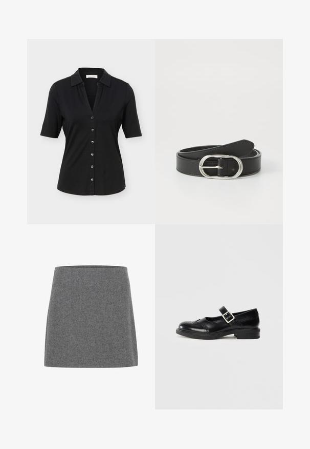 Chemise noire à manches courtes avec col, six boutons sur le devant, et une silhouette légèrement cintrée.; Une mini-jupe en feutre gris avec une coupe droite et une texture lisse, dotée d'une large ceinture et sans coutures ni embellissements visibles.; Chaussure Mary Jane en cuir noir avec un petit talon bloc, bout rond, détails de brogue décoratifs et une sangle réglable avec une boucle en métal.; Ceinture en cuir noir avec une texture lisse, dotée d'une boucle ronde en argent et de bords cousus. Design flexible pour un ajustement réglable.