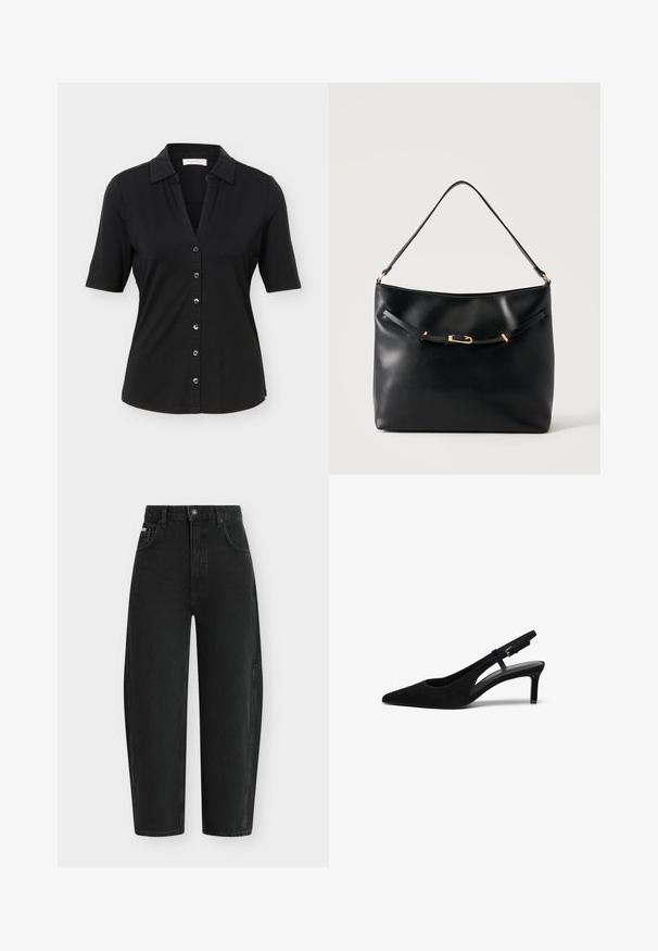 Zwart overhemd met korte mouwen en knopen, een kraag, zes knopen aan de voorkant en een licht getailleerd silhouet.; Zwarte high-waist jeans met wijde pijpen, voor voorzien van knoop en rits, twee voorzakken en riemlussen op een neutrale achtergrond.; Zwarte suède slingback schoen met een puntige neus, lage hak, open zijkant en verstelbare band met een metalen gespsluiting. Glad textuur.; Zwarte leren schoudertas met een enkele band en een klein gouden gespsdetail aan de voorkant tegen een effen lichte achtergrond.