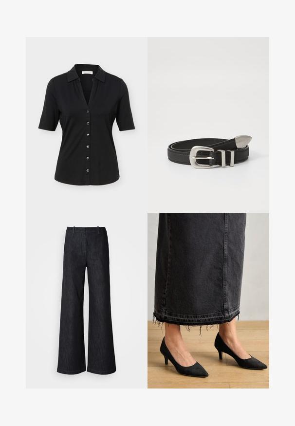 Zwart overhemd met korte mouwen en knopen, een kraag, zes knopen aan de voorkant en een licht getailleerd silhouet.; Zwarte wijde denimbroek met een gestructureerde afwerking, voorzien van taillebandlussen en een nette zoom. Klassiek ontwerp, geschikt voor verschillende gelegenheden.; Zwarte suède pumps met een spitse neus en een hak van 7,5 cm, in combinatie met een lange, donkere spijkerrok met rafelige uiteinden.; Zwarte leren riem met een zilveren metalen gesp en dubbele lusaccenten, met een textuurafwerking en een taps toelopend einde voor een veilige pasvorm.