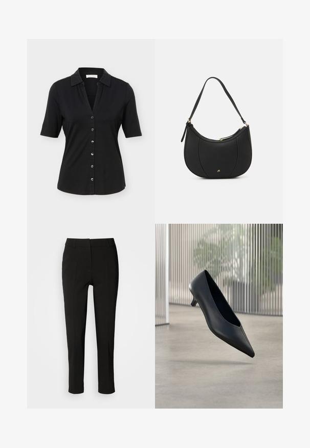 Chemise noire à manches courtes avec col, six boutons sur le devant, et une silhouette légèrement cintrée.; Pantalons noirs ajustés avec une coupe slim, devant plat et sans poches visibles, offrant une texture lisse et une finition soignée au bas.; Chaussure noire à talon kitten à bout pointu flottant au-dessus d'un sol en béton lisse avec des panneaux translucides verticaux en arrière-plan.; Sac à main en cuir noir avec une forme courbée, surface texturée, coutures avant et un logo doré. Il est doté d'une seule sangle ajustable.
