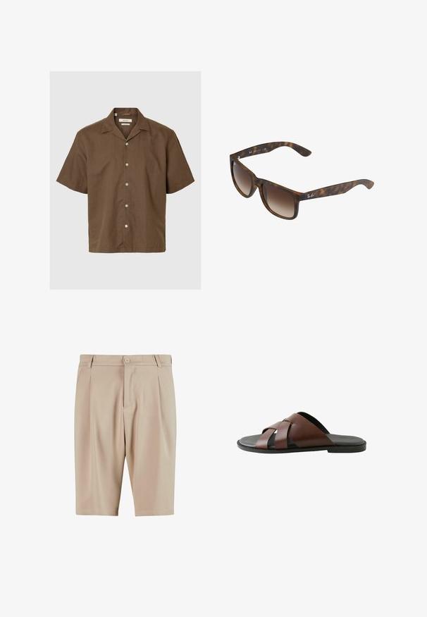 Brun kortærmet skjorte i hør med camp-krave og fem hvide knapper midt på, vist mod en ensfarvet lys baggrund.; Beige skræddersyede shorts med plisseringer, der har en knaplukning og klassisk design. Glat tekstur, knælængde og ingen synlige lommer.; Herrebrun lædersandal med krydsede remme og sort sål, vist i profil mod hvid baggrund.; Skildpadde-solbriller med brune gradientlinser, rektangulær form, tykke stel og en sølvlogoaccent på siden.