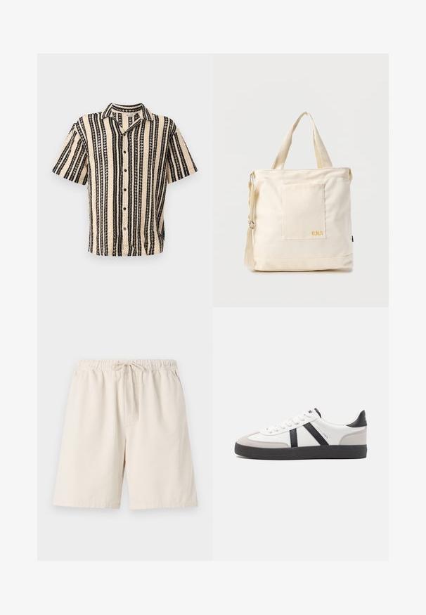 Chemise à manches courtes beige avec des rayures verticales noires et des motifs texturés. Présente un col à revers et une fermeture à boutons.; Shorts côtelés beige clair avec une taille élastique et un cordon de serrage. Comprend des poches latérales et une coupe décontractée. Matière en mélange de coton.; Baskets blanches avec des accents noirs et gris, présentant un embout texturé gris, une semelle en caoutchouc noir et des lacets plats blancs. Design épuré, style minimaliste.; Sac fourre-tout en toile crème avec poche avant, deux poignées, bandoulière réglable et petit texte jaune "O.N.S" en bas à droite de la poche.
