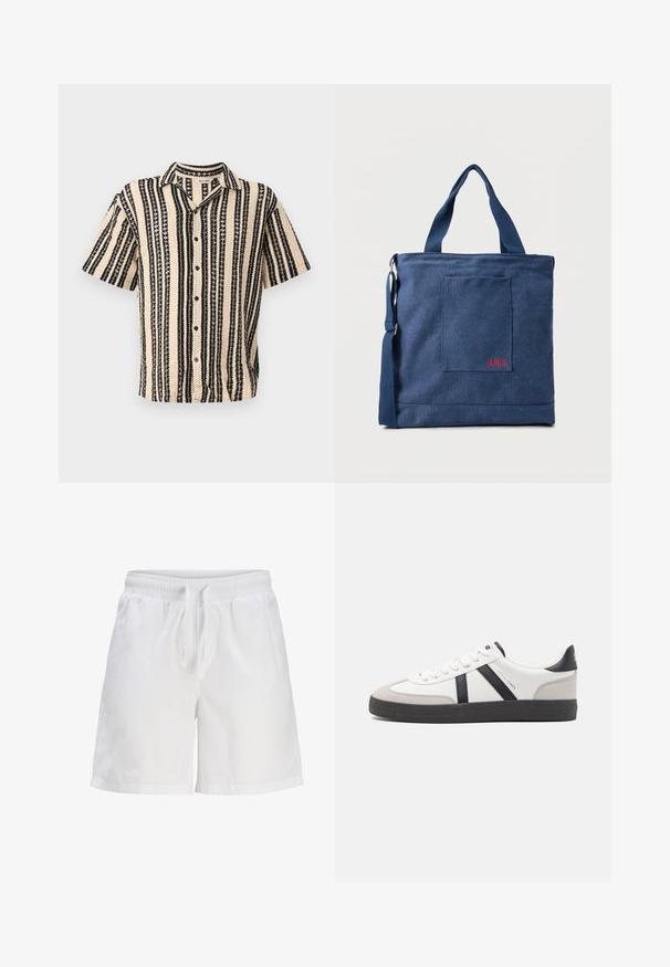 Chemise à manches courtes beige avec des rayures verticales noires et des motifs texturés. Présente un col à revers et une fermeture à boutons.; Shorts en coton blancs avec une taille élastique et un cordon de serrage. Présentent une coupe décontractée et des poches latérales.; Baskets blanches avec des accents noirs et gris, présentant un embout texturé gris, une semelle en caoutchouc noir et des lacets plats blancs. Design épuré, style minimaliste.; Sac fourre-tout en toile bleue avec poche frontale et broderie rouge "O.N.S", doté de doubles poignées et d'une bandoulière réglable.