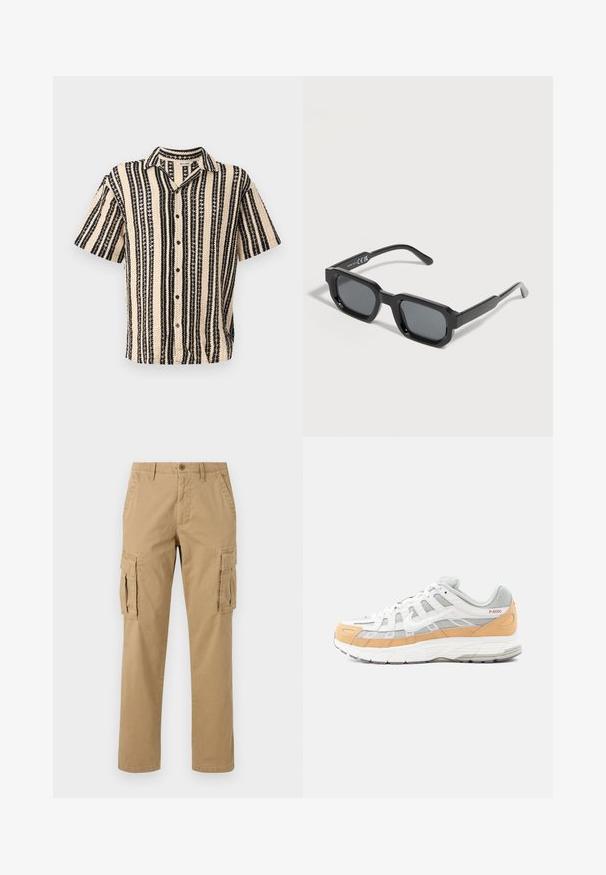 Kurzarmhemd in Beige mit schwarzen vertikalen Streifen und strukturierten Mustern. Verfügt über einen eingeschnittenen Kragen und eine Knopfleiste.; Beige Cargo-Hosen mit zwei Seitentaschen, einem Knopfverschluss, geradem Bein und einem weichen, strukturierten Stoff.; Weiße und graue Sneaker mit hellorangen Akzenten, aus Mesh- und Leder-Materialien, mit einer strukturierten Sohle und geometrischem Muster an den Seiten.; Schwarze rechteckige Sonnenbrille mit dicken Rahmen und dunkel getönten Gläsern, schräg auf weißem Hintergrund.