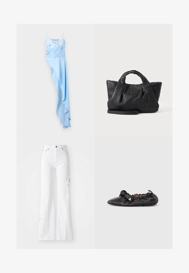Lyseblå asymmetrisk kjole med tynde stropper og hvid blondedetalje på overdelen, med et draperet, flydende skørt.; Hvide flare-jeans lavet af denim, med høj talje, subtile udskæringsdesigns og fem lomme-stil. Metalknap og lynlås lukning.; Sort læder balletflat med rynket detalje, spids tå og lille metallisk trekantet pynt på siden, flad sål.; Sort blødt læderhåndtaske med korte håndtag, en aftagelig rem og et syet logo foran, på en ensfarvet lys baggrund.