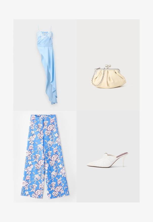 Lyseblå asymmetrisk kjole med tynde stropper og hvid blondedetalje på overdelen, med et draperet, flydende skørt.; Blå blomsterbukser med et pastelfarvet rosemønster. Stofret er glat med en afslappet pasform, brede ben og en elastisk talje.; Hvide mule sko med spids snude, plisseret tekstur på overdelen og en slank stilet hæl. Glat overflade og minimalistisk design.; Plisseret beige læderclutch med en sølvmetalramme, der har to runde dekorative låse og en sølvkædetrasporte.