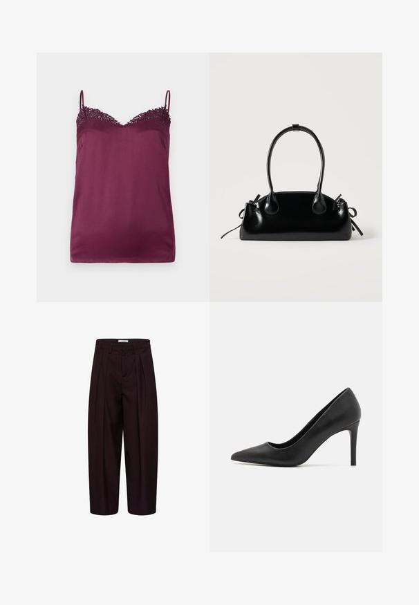 TWINSET WOVEN TOP - Débardeur - bordeaux; Pantalon noir tailleur à jambes larges avec plis devant, passants de ceinture et boutons latéraux à la ceinture.; Escarpin noir à talon aigu, en cuir lisse, présentant un design élégant et un talon cylindrique fin.; Petit sac à main noir brillant avec deux longues anses et des détails à cordon sur les côtés sur un fond clair uni.