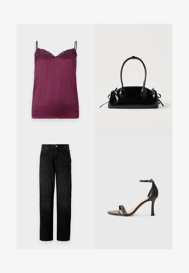 TWINSET WOVEN TOP - Top - bordeaux; Schwarze Jeans aus Denim mit geradem Bein, fünf Taschen, Knopfverschluss und dezenten Ausbleichungen an den Oberschenkeln und Knien.; Schwarze Leder-High-Heel-Sandale mit dünnem Knöchelriemen, offener Zehenpartie und einem eleganten, geschwungenen Absatz. Strukturiertes Sohlenprofil und minimalistisches Design.; Kleine schwarze glänzende Handtasche mit zwei langen Griffen und seitlichen Kordelzug-Details vor einfachem hellem Hintergrund.