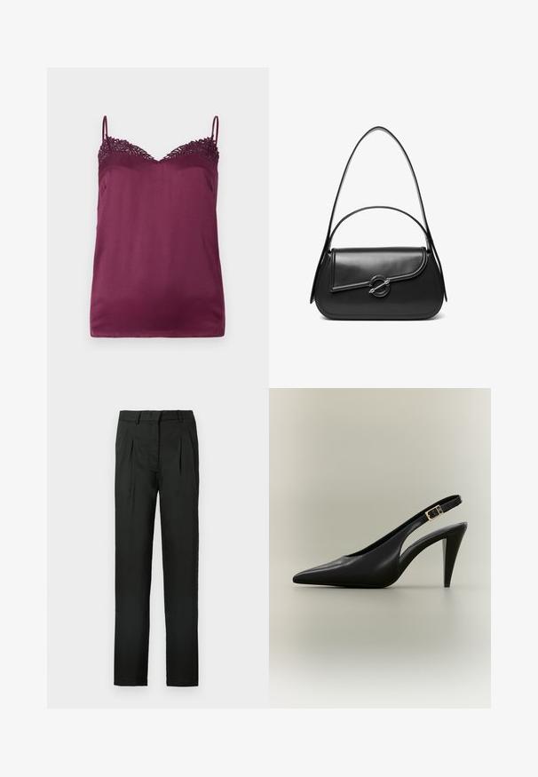TWINSET WOVEN TOP - Μπλούζα - bordeaux; Μαύρο παντελόνι με ευθεία γραμμή, πιέτες μπροστά και λεία υφή υφάσματος. Χωρίς ορατό μεταλλικό στοιχεία ή διακοσμητικά.; Μαύρο δερμάτινο γόβα με μυτερή ανοιχτή φτέρνα, χρυσή αγκράφα και λεπτή τακούνι σε ουδέτερο φόντο.; Μαύρη δερμάτινη τσάντα ώμου με καμπυλωτό καπάκι που ασφαλίζει με στρογγυλό μεταλλικό κούμπωμα και λεπτό, ρυθμιζόμενο λουράκι.