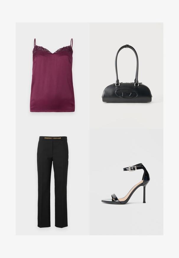 TWINSET WOVEN TOP - Μπλούζα - bordeaux; Μαύρο παντελόνι με ίσια γραμμή, που διαθέτει χρυσή αλυσίδα στη μέση. Κατασκευασμένο από λεία ύφανση με κομψή εφαρμογή.; Μαύρο σανδάλι με ψηλό τακούνι από δερμάτινο πατέντα, με λουράκι στο αστράγαλο. Διαθέτει μινιμαλιστικό σχεδιασμό, ανοιχτή μύτη και αγκράφα διακοσμημένη με στρας.; Μαύρη δερμάτινη τσάντα με μακριές διπλές λαβές και ανάγλυφο οβάλ λογότυπο στο εμπρόσθιο μέρος, εμφανίζεται σε απλό φωτεινό φόντο.